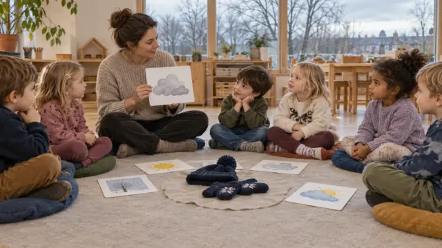 Kindergartenkinder betrachten im Winter-Morgenkreis Wetterbilder sowie Mütze und Handschuhe