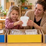Kindergartenkinder sortieren Papier, leere Verpackungen und eine Restmüll-Bildkarte gemeinsam mit einer Fachkraft