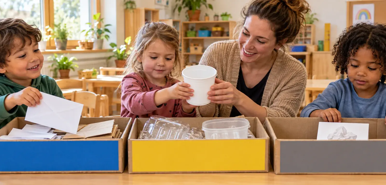 Kindergartenkinder sortieren Papier, leere Verpackungen und eine Restmüll-Bildkarte gemeinsam mit einer Fachkraft