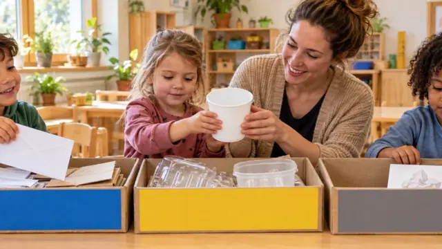 Kindergartenkinder sortieren Papier, leere Verpackungen und eine Restmüll-Bildkarte gemeinsam mit einer Fachkraft