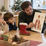 Kinder und Fachkraft betrachten einen roten Stiefel und eine große Papierkarte