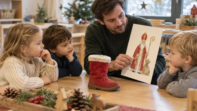 Kinder und Fachkraft betrachten einen roten Stiefel und eine große Papierkarte