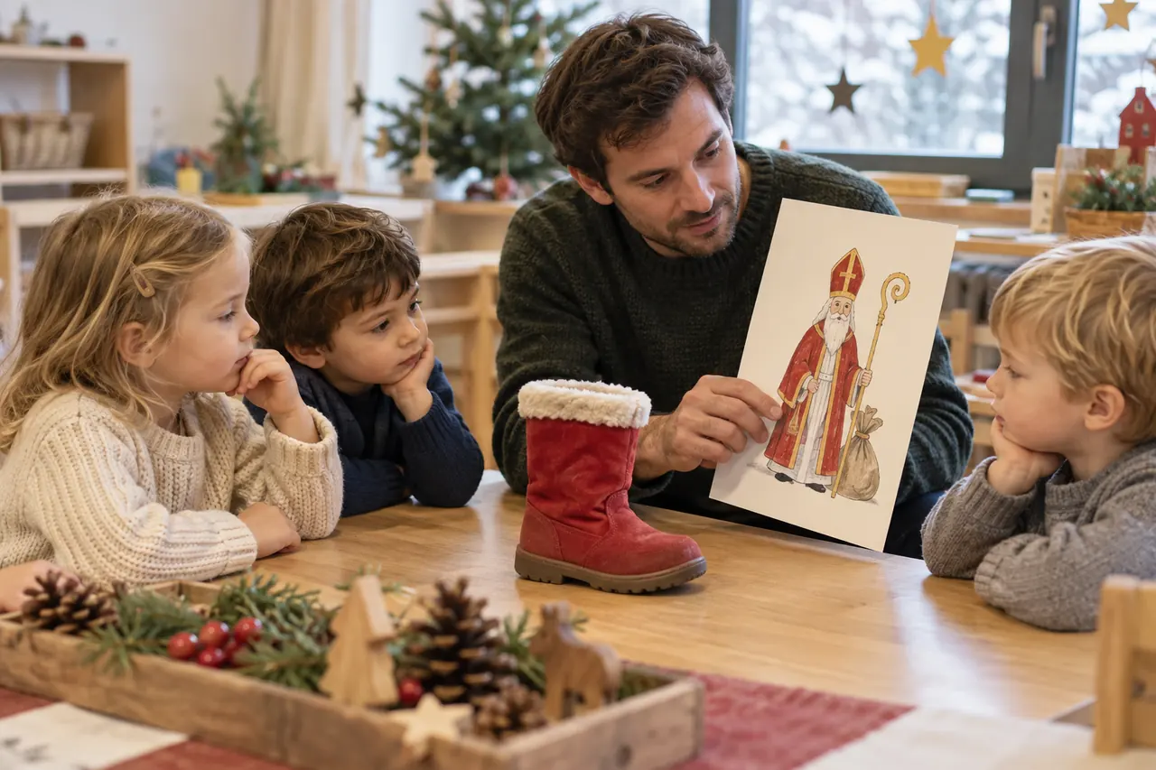 Kinder und Fachkraft betrachten einen roten Stiefel und eine große Papierkarte
