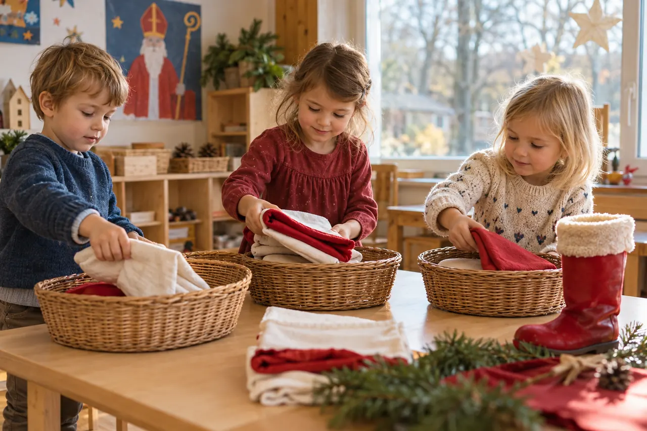 Kinder verteilen große Tücher gleichmäßig auf drei Körbe