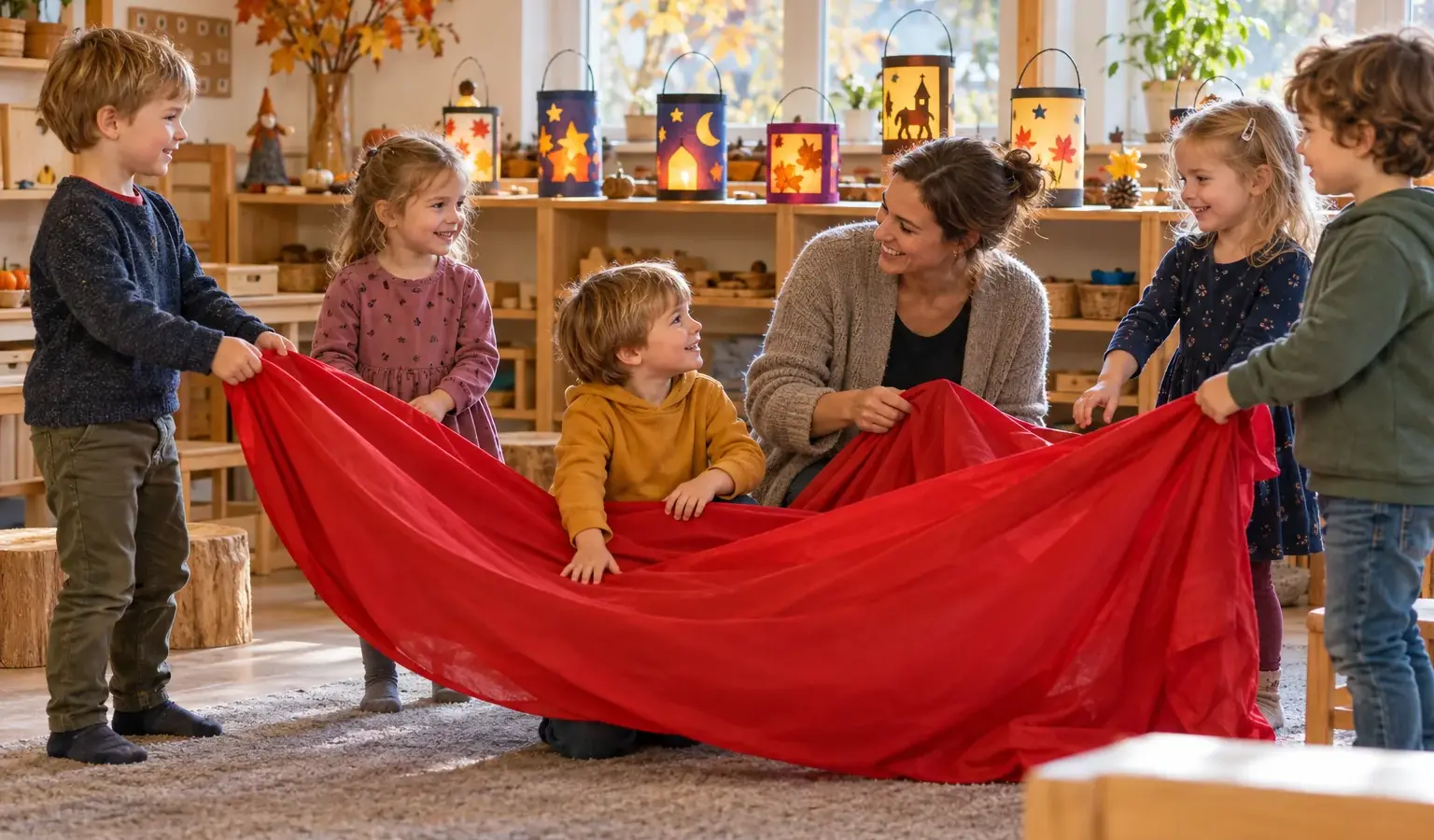 Kinder erleben mit einer Erzieherin eine Martinsgeschichte und halten gemeinsam ein rotes Tuch.