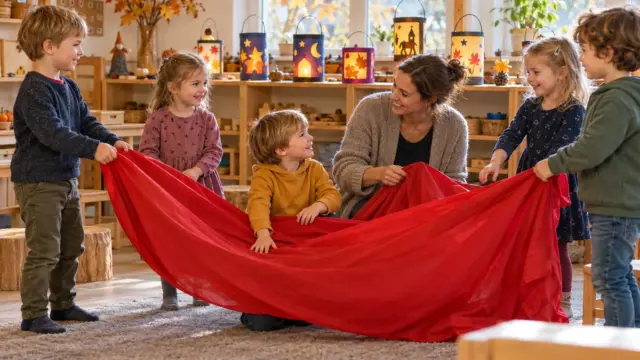 Kinder erleben mit einer Erzieherin eine Martinsgeschichte und halten gemeinsam ein rotes Tuch.
