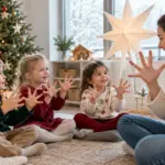 Kinder und Fachkraft formen mit ihren Händen einen Stern im kleinen Kreis