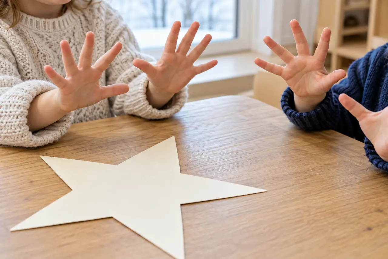 Nahaufnahme von Kinderhänden beim Fingerspiel neben einem Papierstern