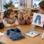 Kinder hören einer Fachkraft mit einfachen Weihnachtsgegenständen auf einem Tisch zu