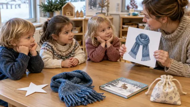 Kinder hören einer Fachkraft mit einfachen Weihnachtsgegenständen auf einem Tisch zu
