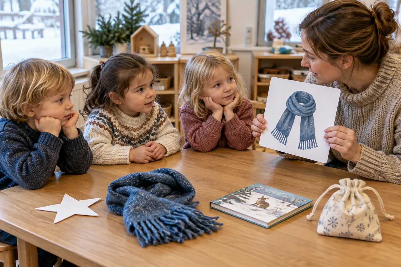Kinder hören einer Fachkraft mit einfachen Weihnachtsgegenständen auf einem Tisch zu
