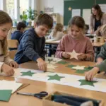 Grundschulkinder arbeiten gemeinsam an Papiersternen und einem Sternmuster