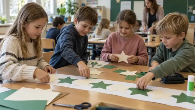 Grundschulkinder arbeiten gemeinsam an Papiersternen und einem Sternmuster