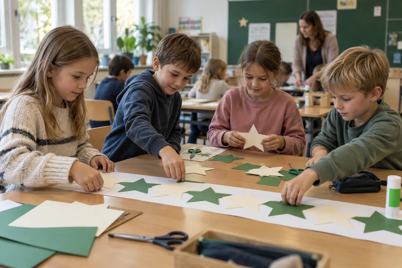 Grundschulkinder arbeiten gemeinsam an Papiersternen und einem Sternmuster