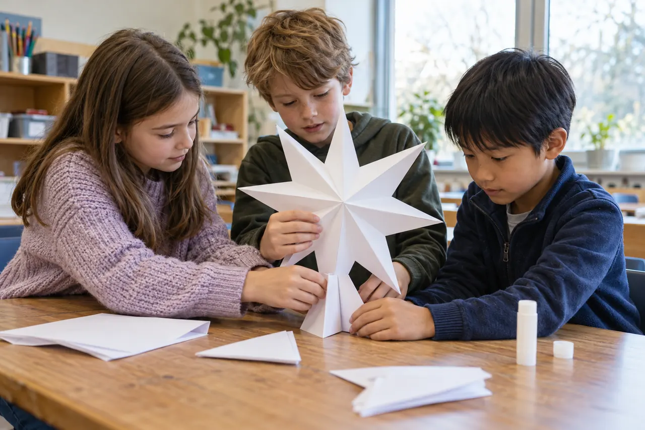 Drei Grundschulkinder bauen eine kleine freistehende Papierkonstruktion am Tisch